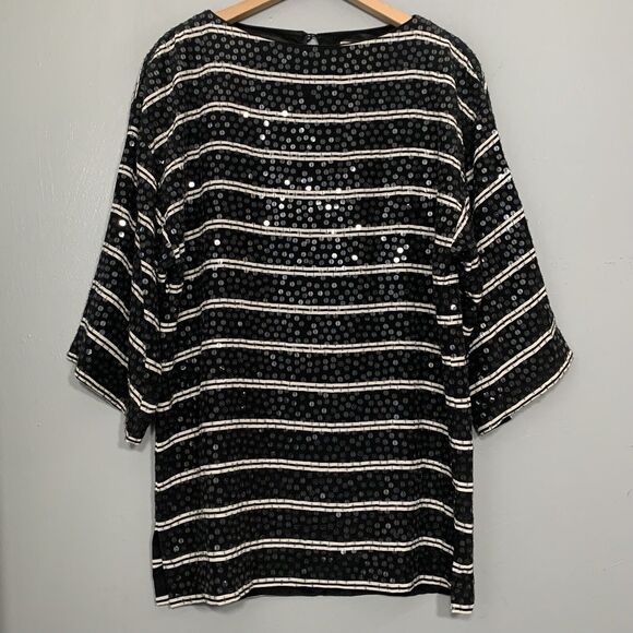 All Over Sequin Top Size 6 Silk Black White Striped Whimsigoth Going Out Party - Picture 1 of 7